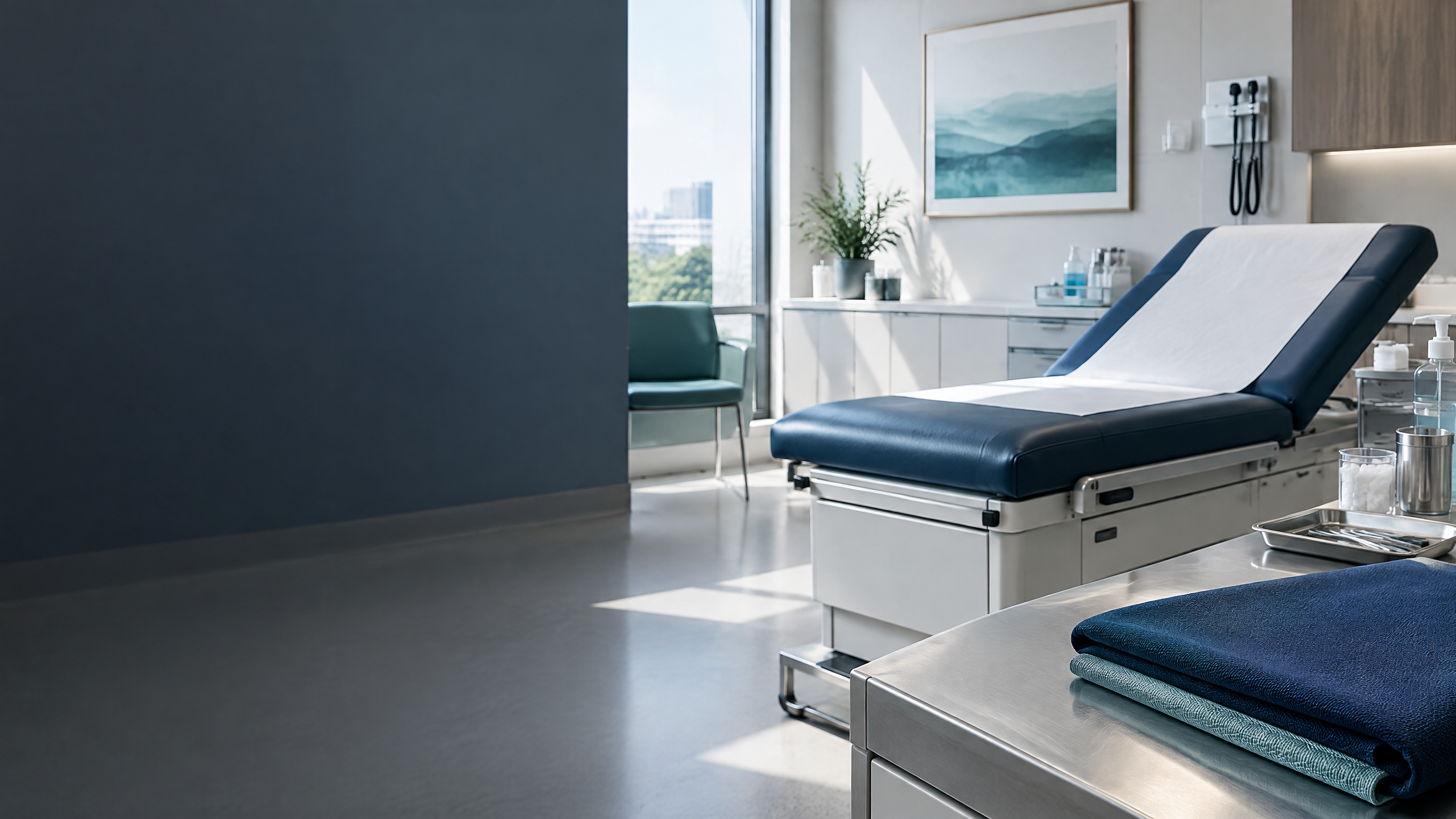Ambiente hospitalar com mobiliário e materiais de acabamento
